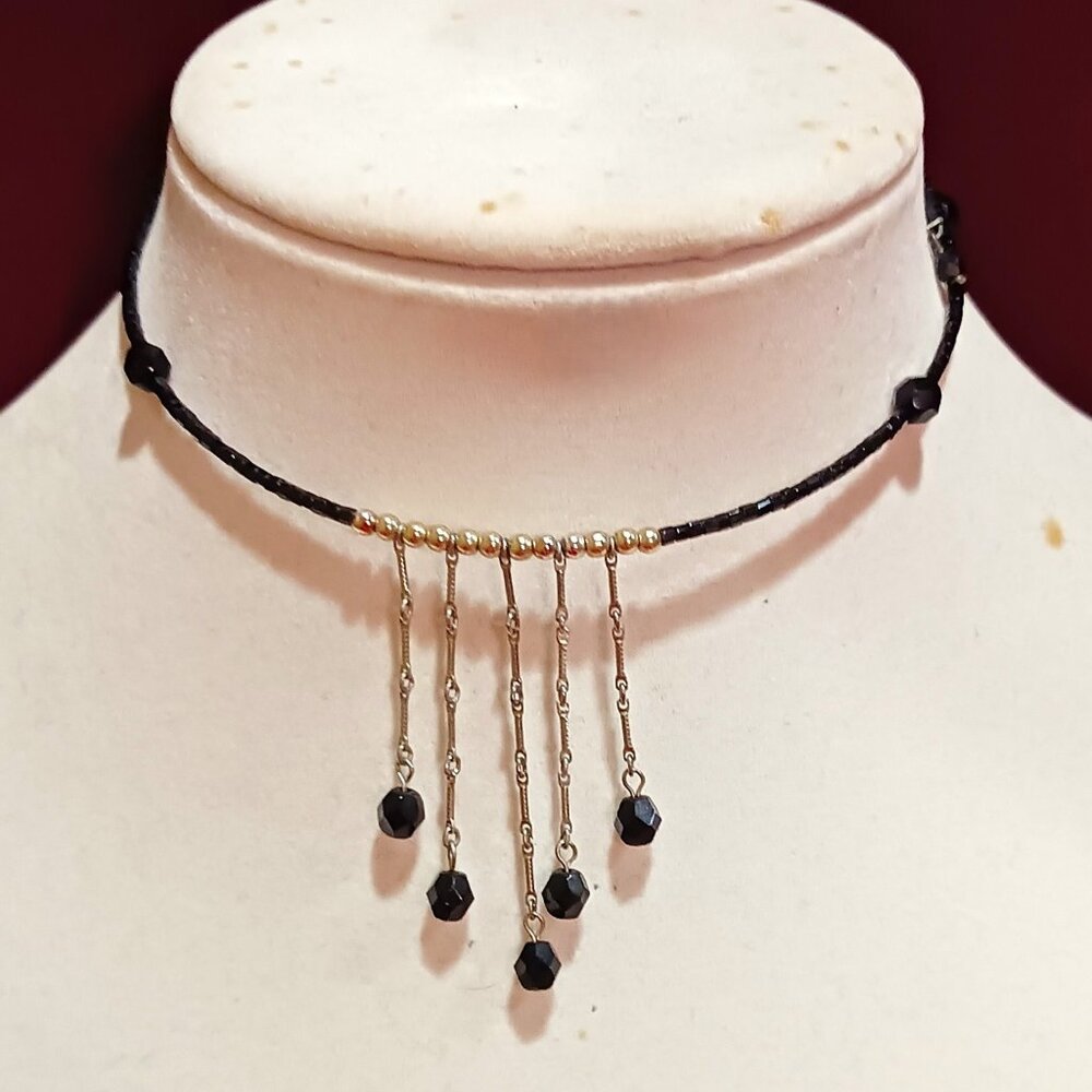 Handmade Black and Silver Beaded Fringe Choker Memory Wire Necklace - Picture 3 of 8